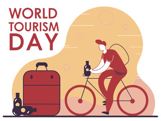 World Tourism Day Illustration Featuring a Cyclist with a Backpack and Suitcase for Travel stylized