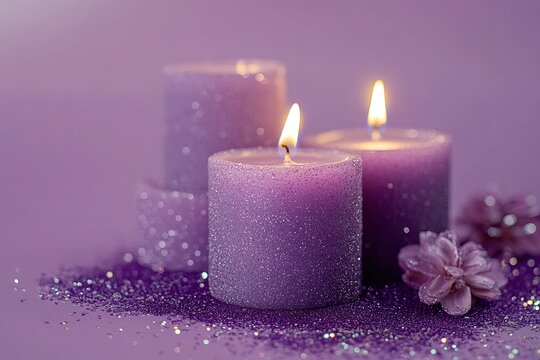 Three purple candles, glimmering with glitter, sit on a purple background with delicate blossoms and sparkling accents - Powered by Adobe