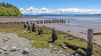 Weathered wooden pilings stand at low tide on a pebbly beach, against a backdrop of lush greenery and distant mountains under a bright, partly cloudy sky