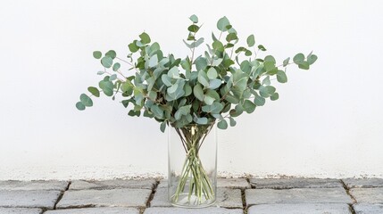 A clear glass vase holding eucalyptus branches on a stone patio, minimalist chic, contemporary edge