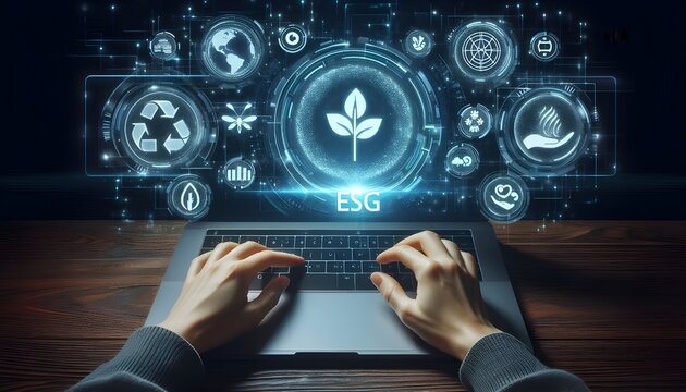 ESG concept with digital sustainability icons hovering above hands near laptop in futuristic eco-technology business interface scene on dark background. - Powered by Adobe