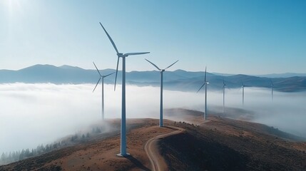 Wind turbines on a hilltop above a misty landscape.  Clean energy generation in a scenic environment