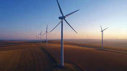 Wind turbines stand tall in a vast, undulating field at dawn, showcasing clean energy against a clear sky