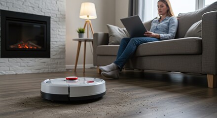Young Woman Sitting on Sofa Using Laptop with Robotic Vacuum Cleaner in Modern Living Room