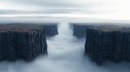 A dramatic fog-filled canyon stretches between towering cliffs under a cloudy sky, creating a surreal and mysterious landscape.