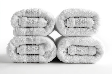 Four white rolled towels on clean white background