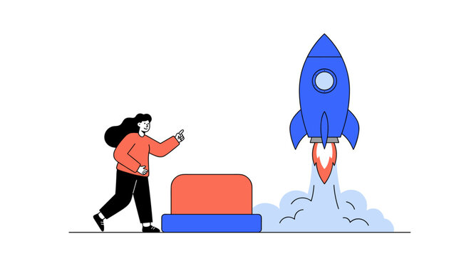 Cartoon style rocket launch with excited person and large red button
