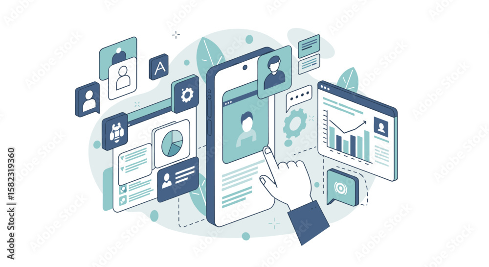 Poster isometric digital communication interface with user profiles and data analytics