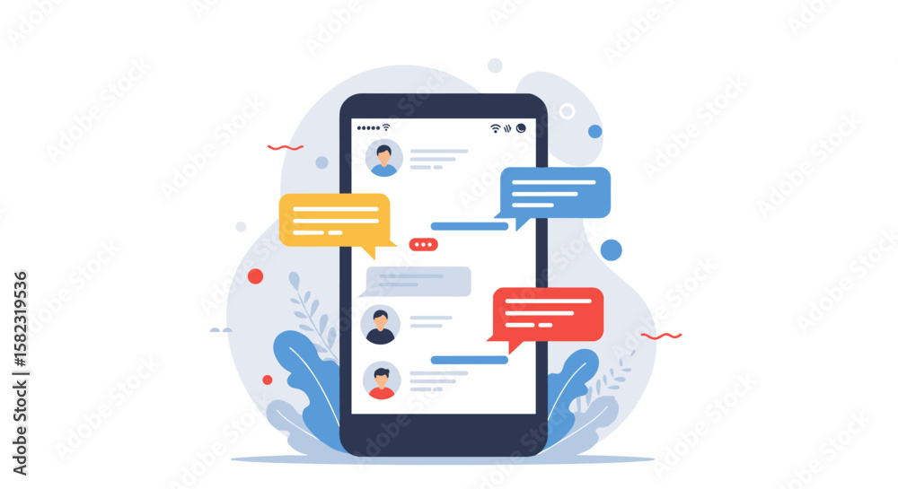 Poster chat interface on smartphone with colorful speech bubbles and user avatars in flat design