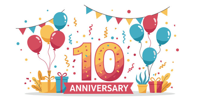 Colorful 10th anniversary celebration with balloons, banners, and gifts