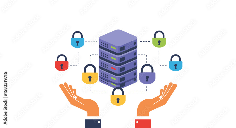 Poster data security concept with secure server and protective hands in flat design