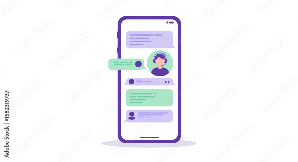 Poster modern chat interface on smartphone with messaging bubbles and user avatar