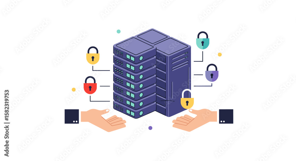 Poster secure data server protection with colorful locks and computer network