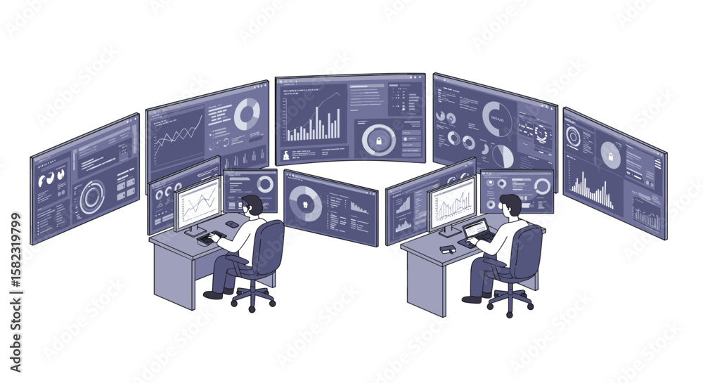 Poster office workers analyzing data on multiple digital dashboards in modern workspace