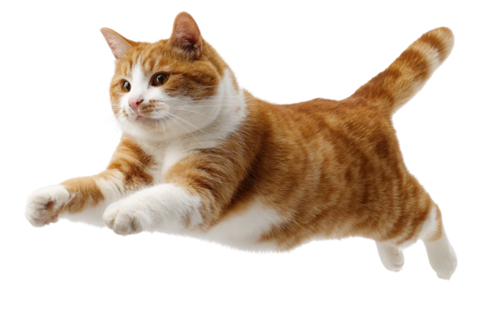 Ginger and White Cat Leaping on Transparent Background