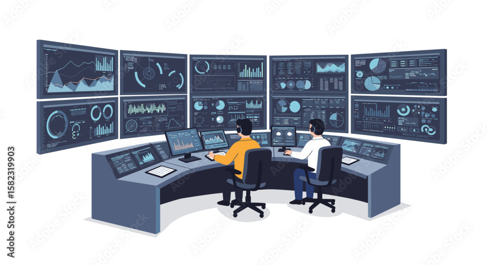 Poster control room with multiple monitors displaying data analytics and graphs in an office setting