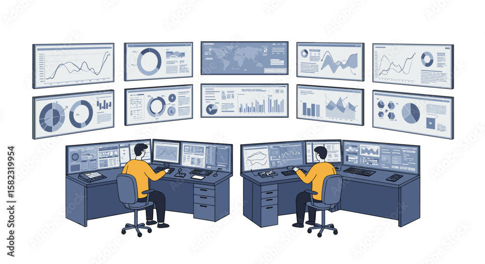Poster command center with multiple screens displaying data analytics and charts in isometric style