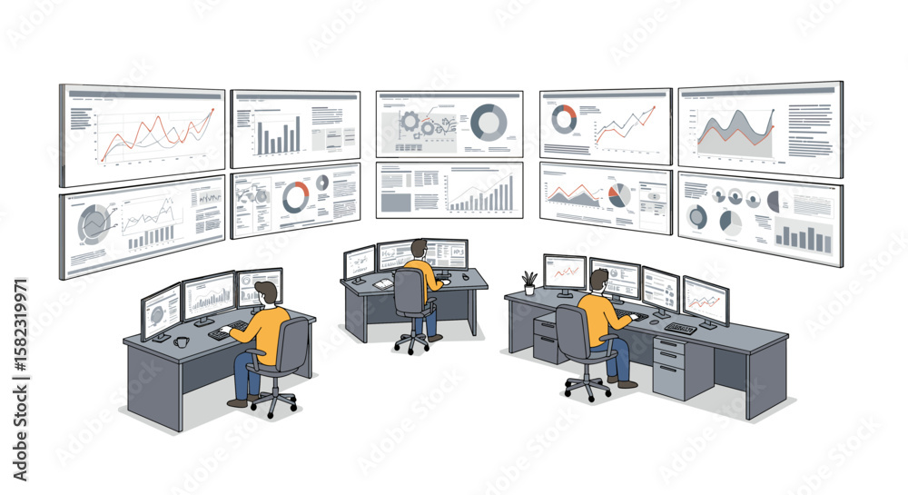 Poster control room with analysts monitoring data and graphs on multiple screens in isometric design
