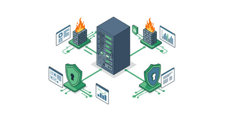 Obraz premium Secure network infrastructure with server, firewalls, and shields in isometric design