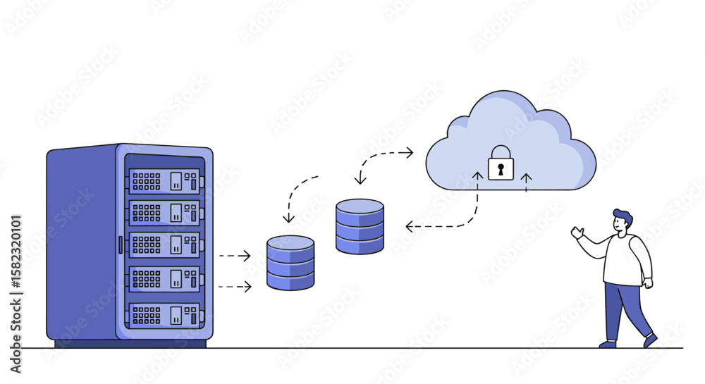Poster cloud data transfer concept with server and security elements in minimal style