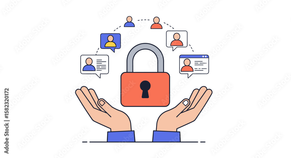 Poster secure communication network concept with lock and diverse user icons in flat design