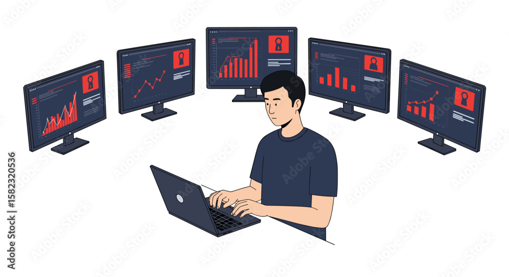 Poster data analyst working on laptop in front of multiple screens displaying graphs and charts