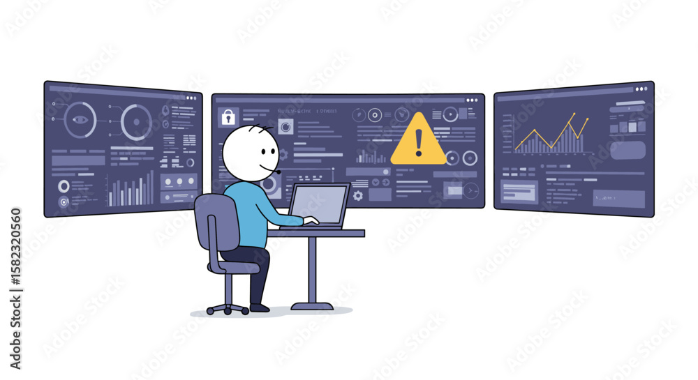 Poster data analyst at work with monitors displaying analytics and alerts