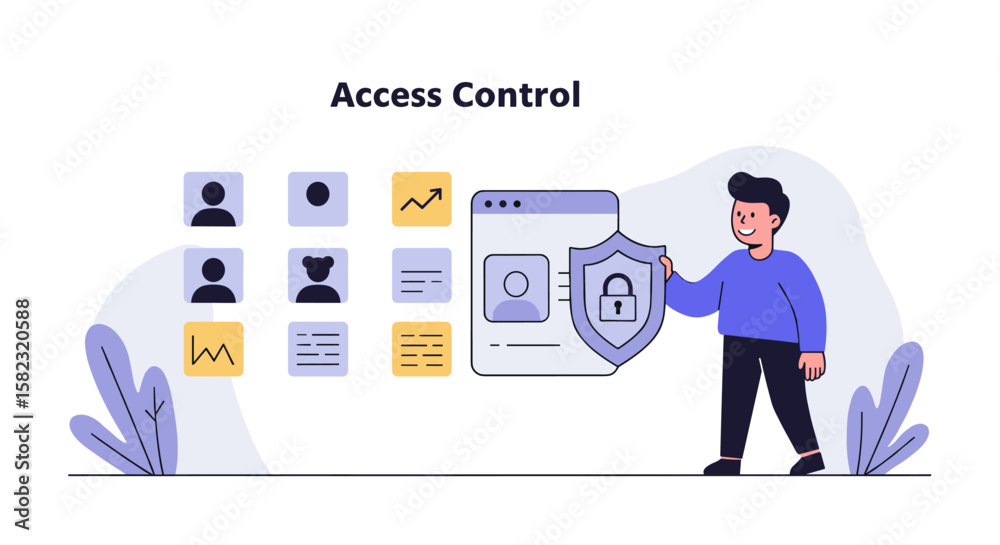 Poster access control security concept with user profiles and shield icon in flat design