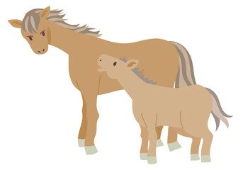 Vector illustration of a horse parent and foal with brown coat