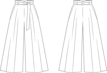 Wide leg high waist pants, belted trousers flat sketch, front and back view, fashion technical drawing, vector illustration, garment CAD