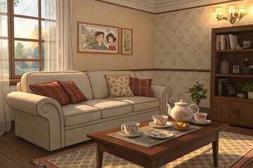 Cozy interior with a comfortable sofa, tea service, and a warm, inviting atmosphere showcasing a relaxing living space.