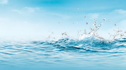 Transparent blue clear water surface texture with ripples, splashes and bubbles. Abstract summer banner background Water waves in sunlight with copy space Cosmetic moisturizer micellar tone 92199117 1