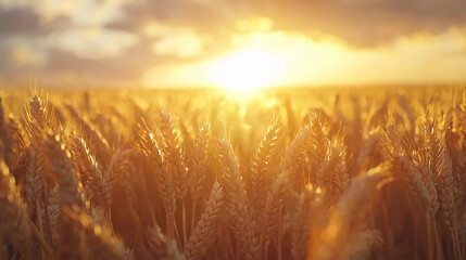 Golden wheat field at sunrise with sun rays illuminating the ripe crops under a partly cloudy sky.