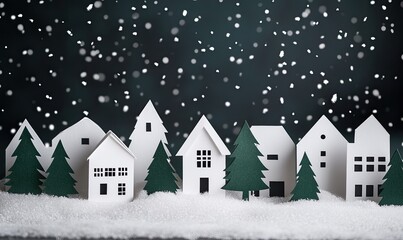 Winter village scene, paper cutouts