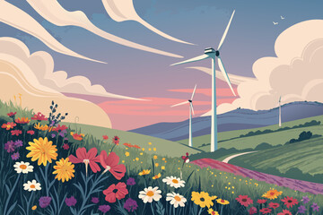 Stunning Wind Turbine Field with Wildflowers Bol Artistic Expression Excellence Serene Peaceful Atmosphere Perfect for Social Media Content Editorial Quality Visual Documentation Creative Asset