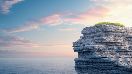 A serene ocean scene with a rocky cliff topped with greenery against a soft pastel sunset sky.