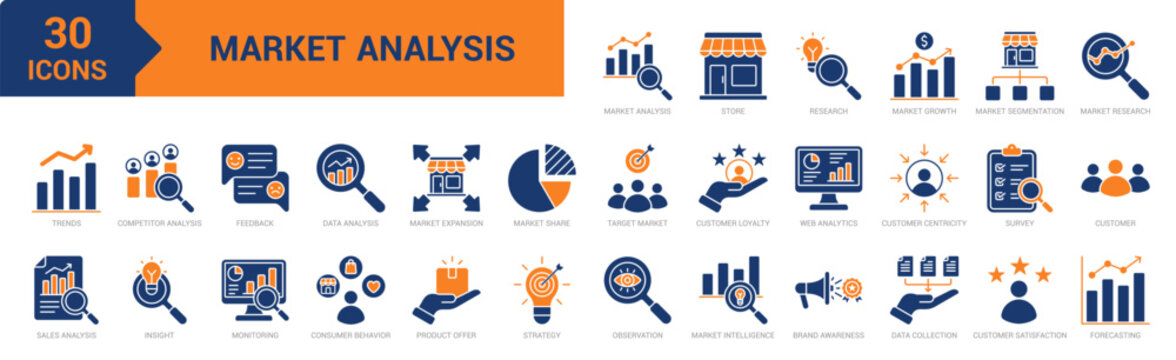Market Analysis icon collection set. Containing market research, growth, segmentation, customer centricity, trends, sales, insight, data, competitor analysis, market, strategy icon. Simple flat vector