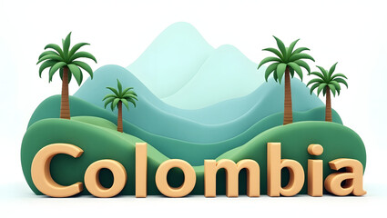Obraz premium 3d illustration of Cocora Valley with towering palms and lush scenery, and the word 'Colombia' beneath. Natural beauty of the Andes.