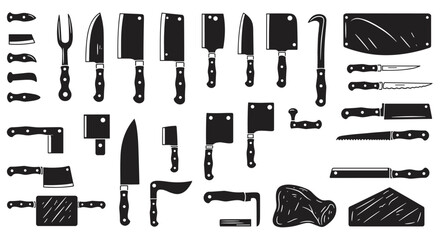 Silhouette collection of various kitchen knives and utensils