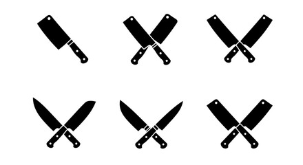 Obraz premium Silhouette icons of kitchen knives and cleavers in various arrangements on white background
