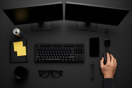 "Minimalist Black Workspace with Dual Monitors and Accessories"