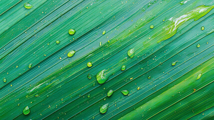 Close-up of a green leaf surface with water droplets scattered, showcasing natural texture and vibrant colors.