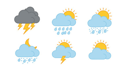 Weather icons set with sun, clouds, rain, thunder, and moon