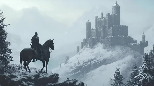 Knight on horseback near snowy castle palace in vast winter mountain landscape
