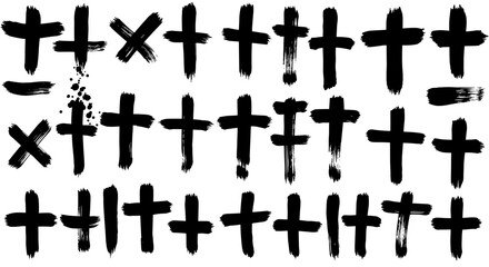 Dynamic set of black grunge brush stroke x icons on white background