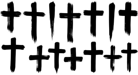 Hand-drawn ink brush crosses collection in black on white background