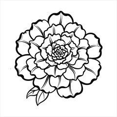 Stylized white flower with layered petals and leaves on a black background