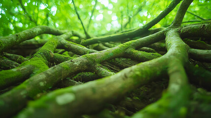 Close-up of intertwined tree roots covered in green moss, with a blurred leafy background and bright natural light filtering through.