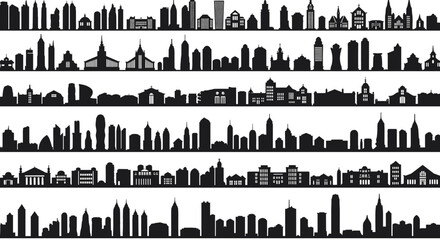 City skylines silhouette seamless pattern with iconic landmark buildings