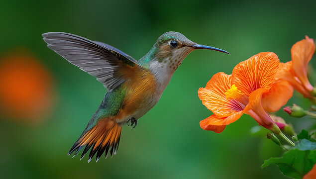 A colorful hummingbird hovers near an orange flower
